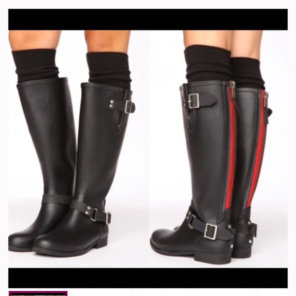 Women's Black Knee-High Rain Boots with Red Back Zip Accent